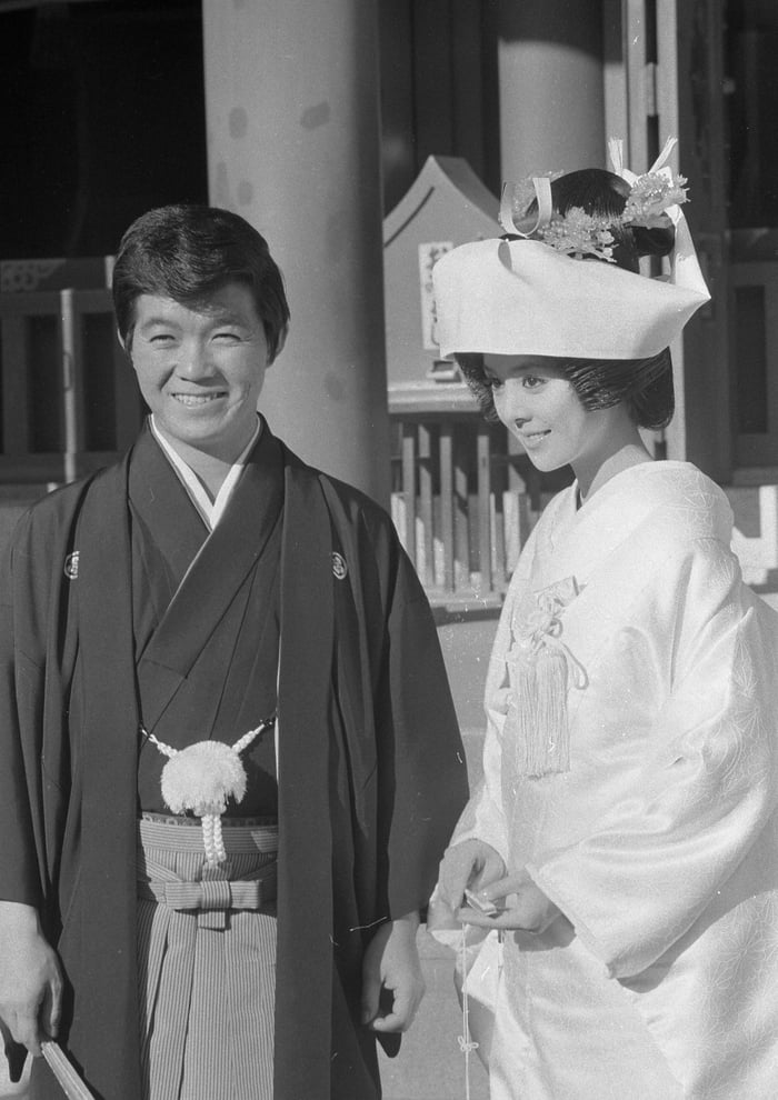 Japanese Singer Kyu Sakamoto And His Wife Yukiko Kashiwagi During Their Marriage Ceremony