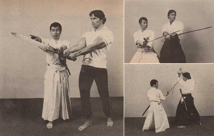 Arnold Schwarzenegger training with Kiyoshi Yamazaki real swordfighting ...