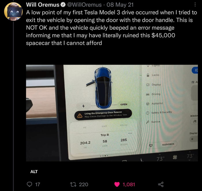 If you use the door handle on a Tesla it will break the car 9GAG