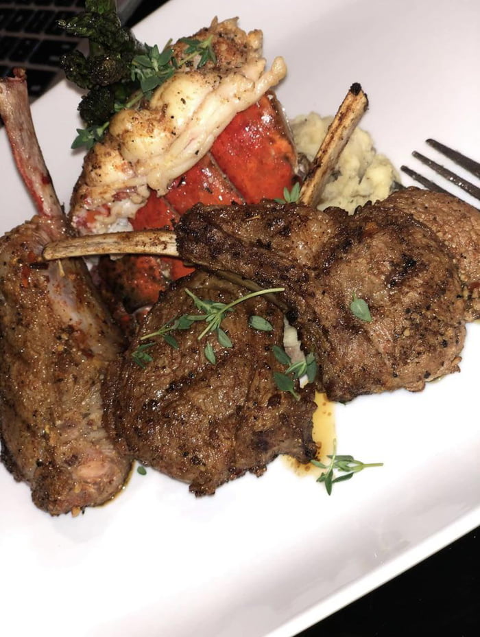 Lamb chops, Lobster, Garlic mash, and asparagus 👨🏾🍳 9GAG
