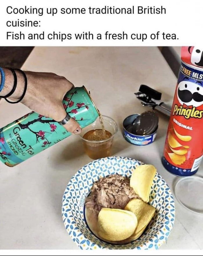 Fish and chips with a fresh cup of tea (meme) 9GAG