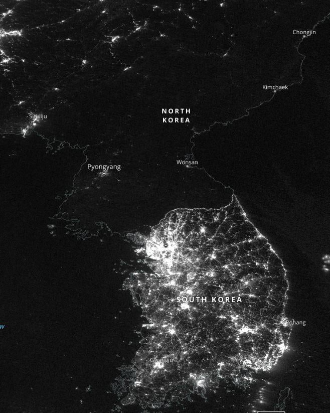 Satellite image from NASA of North and South Korea (Korean Peninsula ...