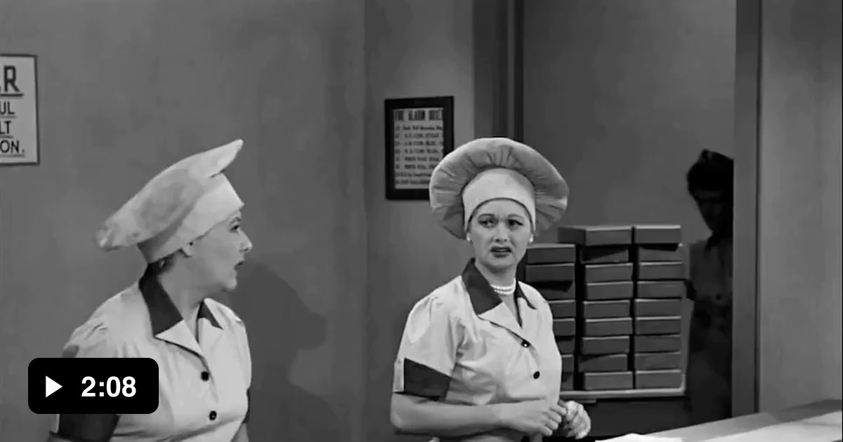 Lucille Ball and Vivian Vance struggle to keep up with a chocolate ...