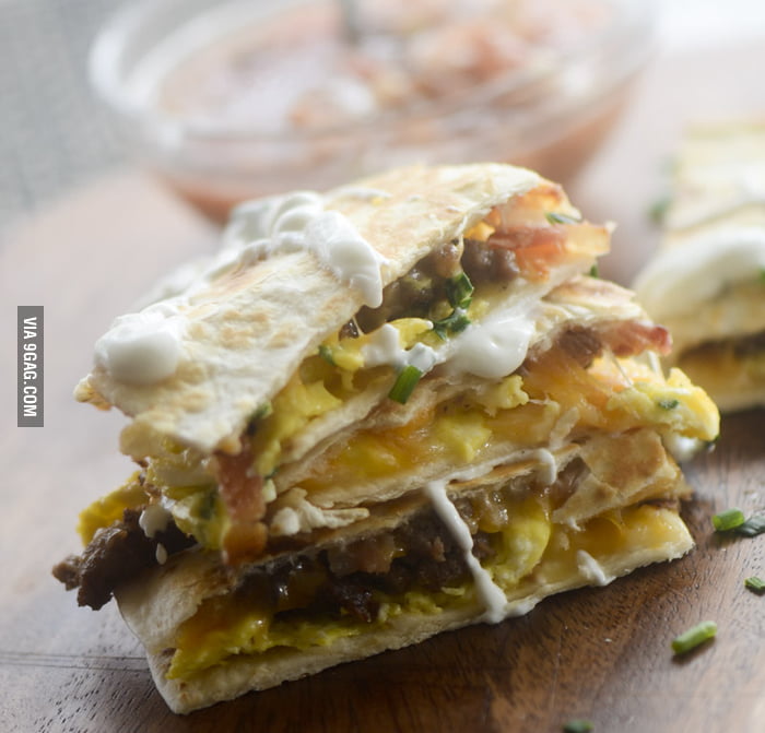 The Hangover Quesadilla with Egg, Sausage, Bacon, Colby, Monterey Jack