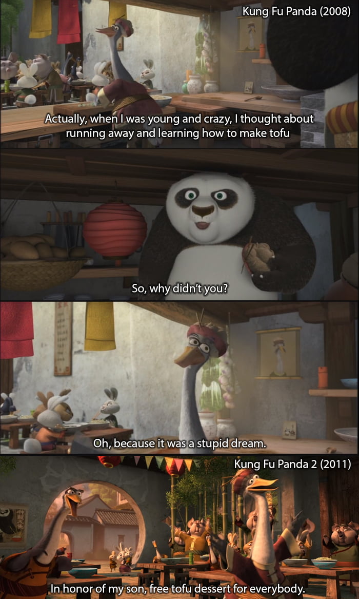 In Kung Fu Panda 2 (2011), Mr. Ping is now making tofu along with his classic noodles. In the