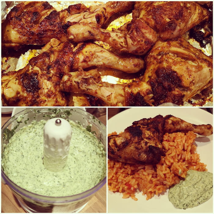 Peruvian Chicken With Green Sauce And Tomato Rice In The Style Of