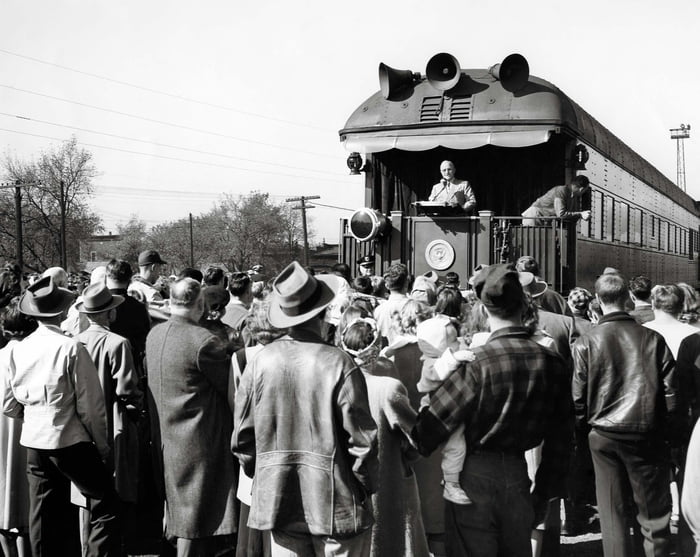 President Harry S. Truman addresses a crowd at Altoona, Wis., during