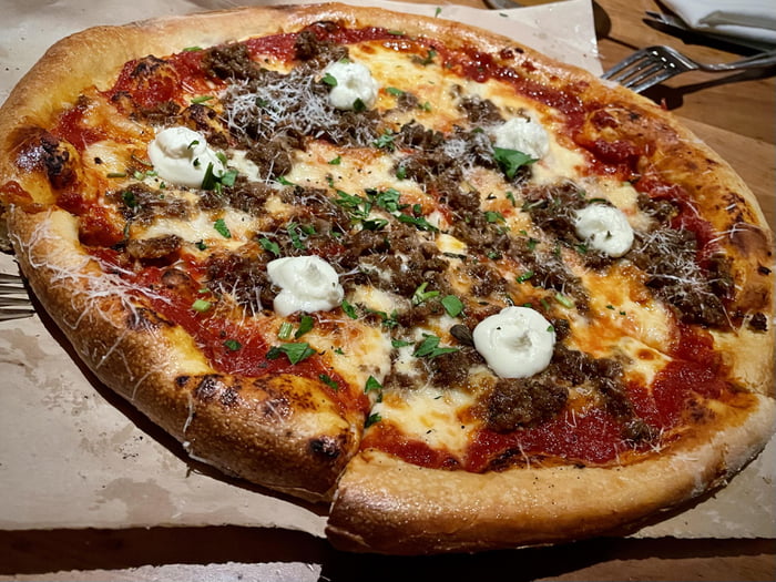 Spicy meatball pizza with provolone picante, pecorino toscano, and