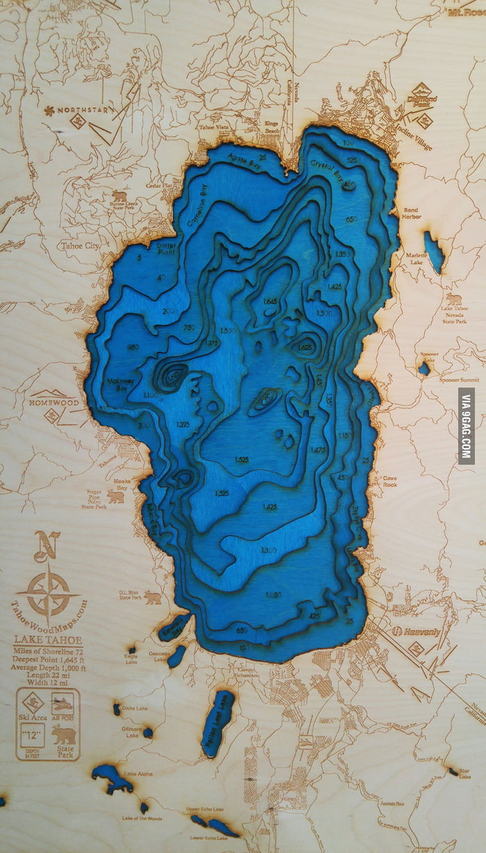 Lake Tahoe Topo Map You All Liked The Topographical Map Of Maine, How About A Hand Laser Etched  Map Of My Beautiful Home, Lake Tahoe! - 9Gag