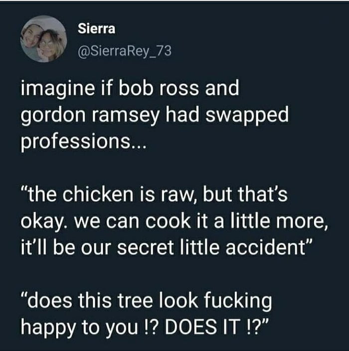 Imagine if Bob Ross & Gordon Ramsey had swapped professions... 9GAG