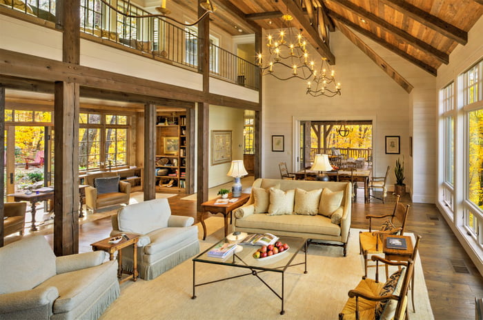 Rustic double height living room with a mezzanine in Burnsville, Yancey ...