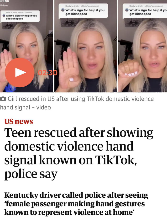 A missing teenage girl was rescued in the US after using a hand gesture ...