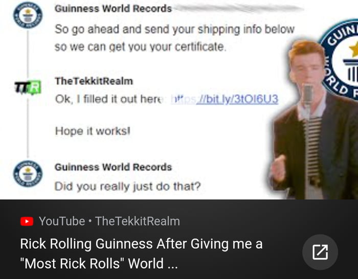 This guy Rick Rolled Guinness World records after receiving the