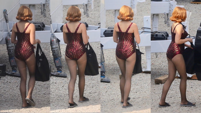 Elizabeth Olsen in a one piece costume on the set of WandaVision