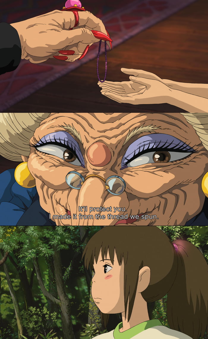 In Spirited Away (2001), Chihiro is still wearing the purple hair tie