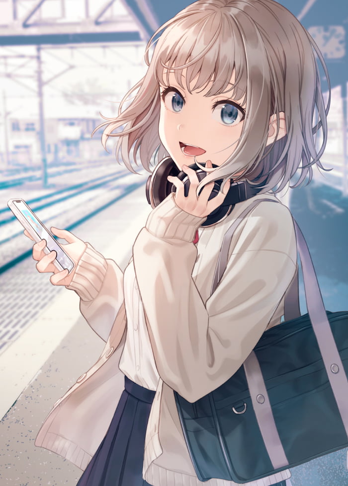anime girl listening to music with brown hair