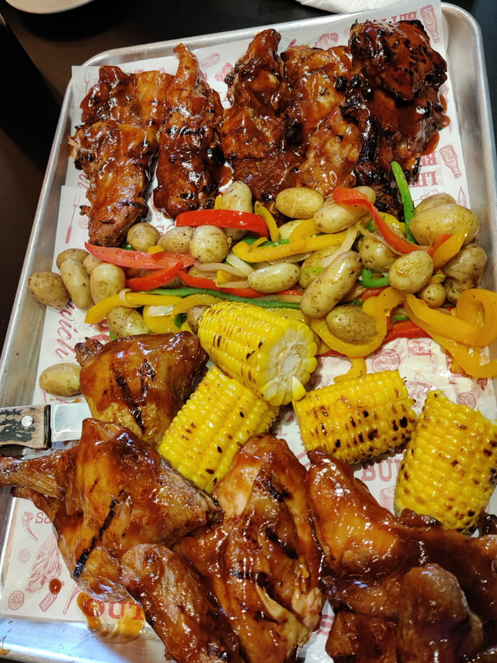 Chicken and ribs BBQ platter, corn and potatoes El Salvador ) 9GAG