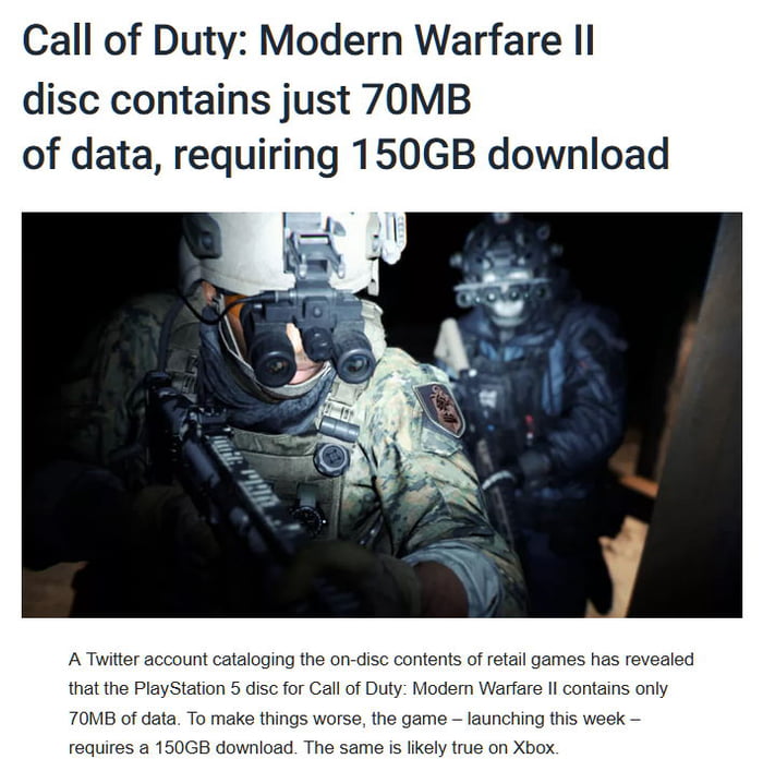 Call of Duty: Modern Warfare II disc contains just 70MB of data, requiring  150GB download