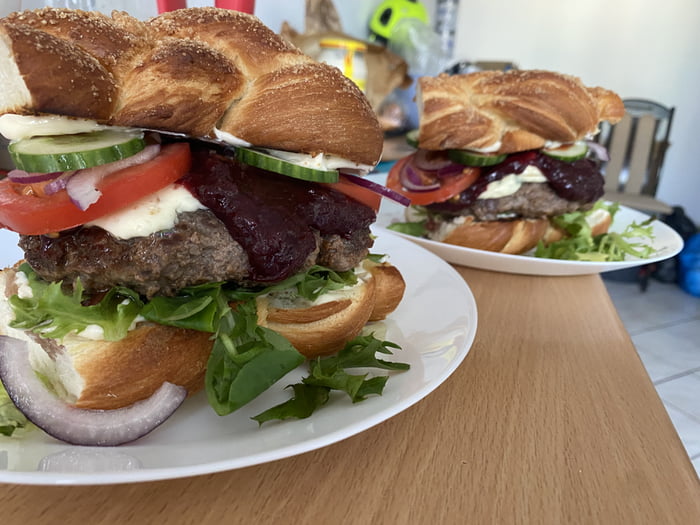 Just a burger in sweet bread chałka with my plum jam and gorgonzola