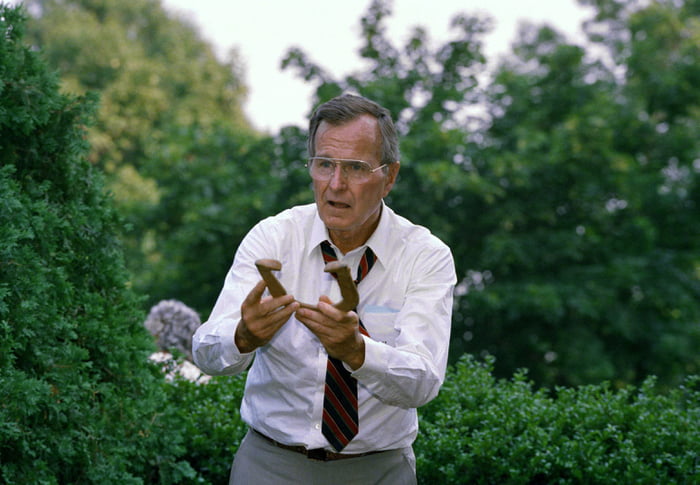 U.S. Vice President George H. W. Bush plays horseshoes in the backyard ...