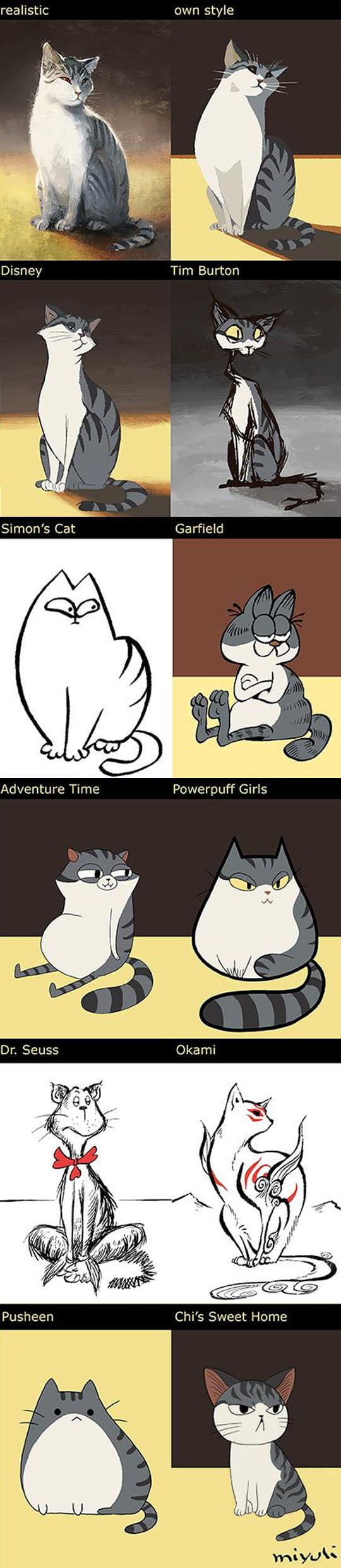 Same cat, different styles. (Artwork By Miyuli)