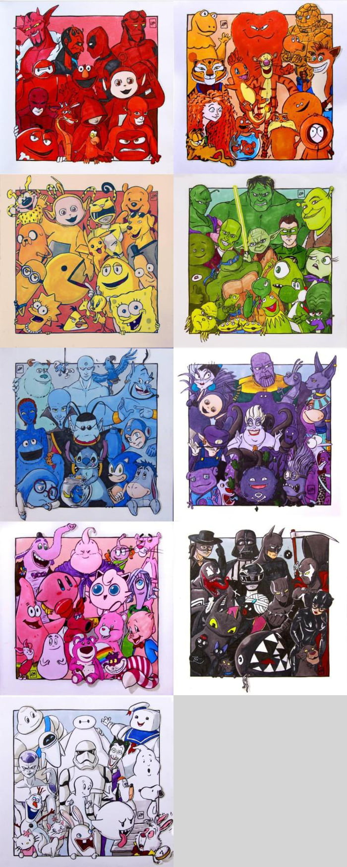 Fictional characters classified by colour. Drawings by Linda Bouderbala