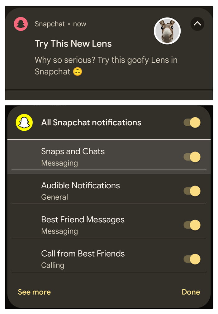 Snapchat moved spam notifications to the chat category so you won't