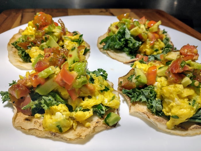 Jicama "Breakfast" Tacos Green Onion Scrambled Eggs, Avocado & Tomato Salsa, and Shredded Kale