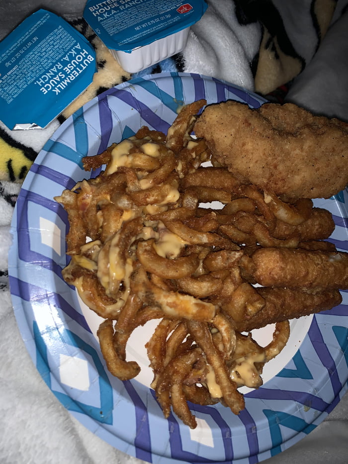 Jack In the box curly fries (with cheese and bacon) chicken tenders ...