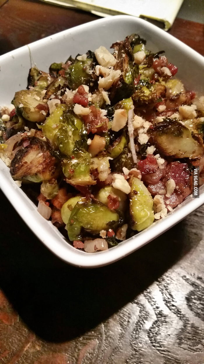 Homemade Roasted Brussel Sprouts With Bacon, Shallot, Walnuts, and