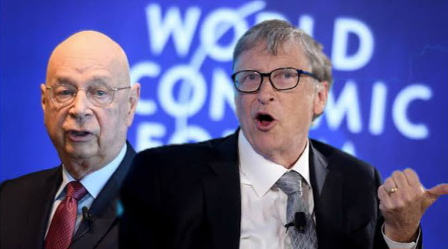 Klaus Schwab and Bill Gates glance over at 9gag, their faces twisted in ...