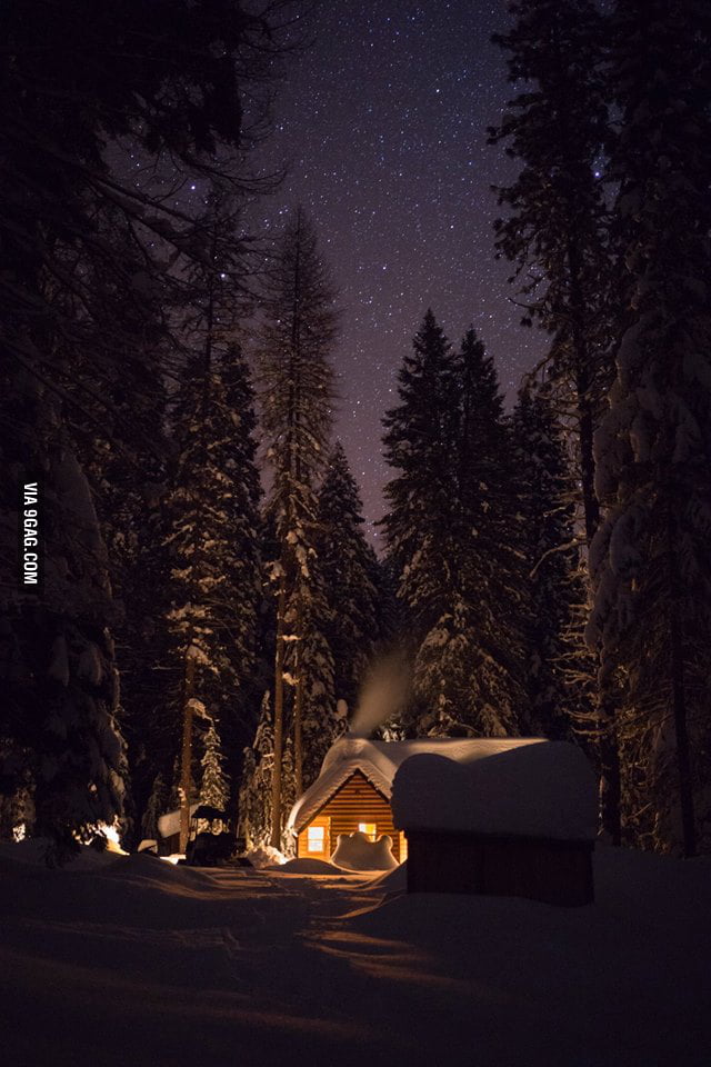 Cabin in Oregon Mountains; it was very cold, but the night was so clear ...