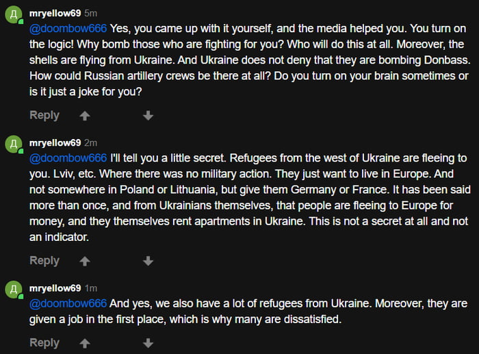 After explaining that Russians are bombing civilians in Ukraine, and ...