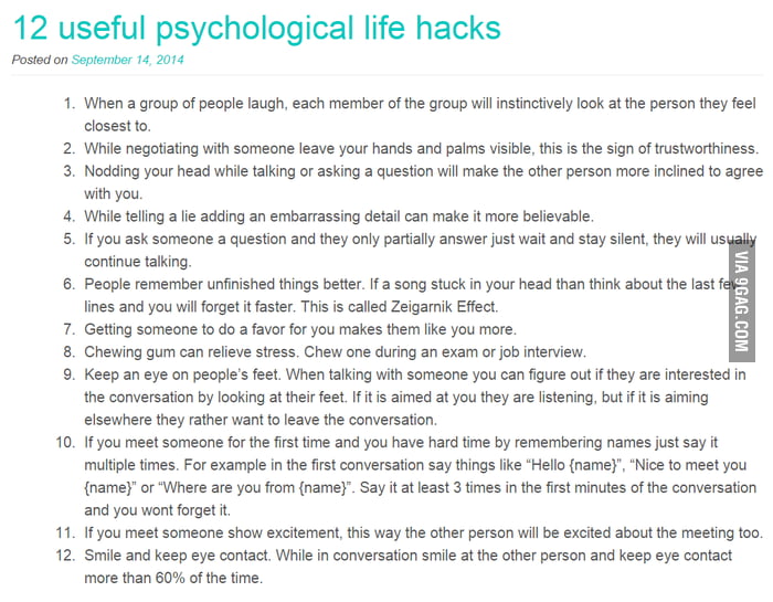 12 Useful Psychological Life Hacks - 9GAG