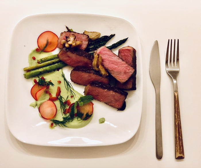 Sous Vide Australian Wagyu New York Strip Steak w/ Pea Mint Puree 9GAG