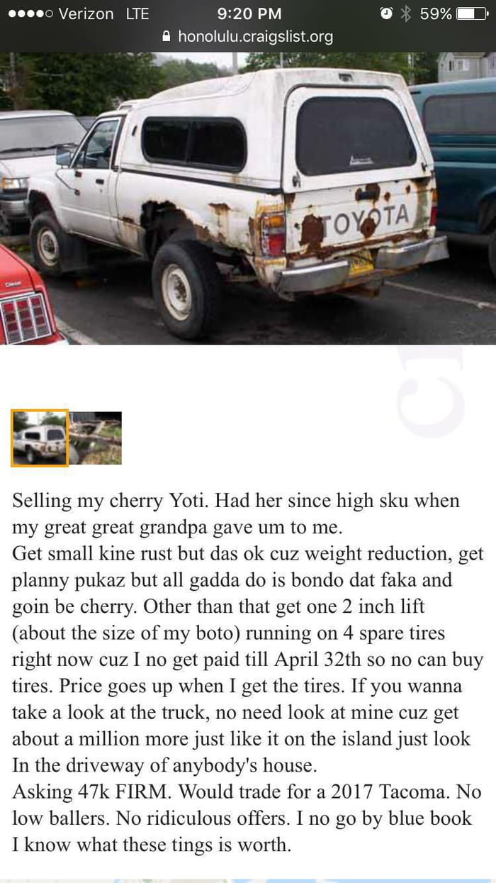 In response to the Fresno Toyota Camry dealer, this is how dealers in  Hawaii sell their Toyota Tacoma. - 9GAG