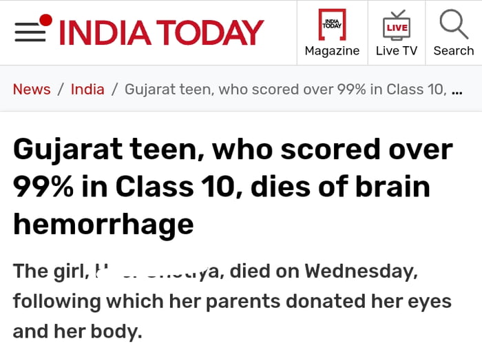 Teen Who Topped Her Exams Dies A Few Days After Due To Brain ...