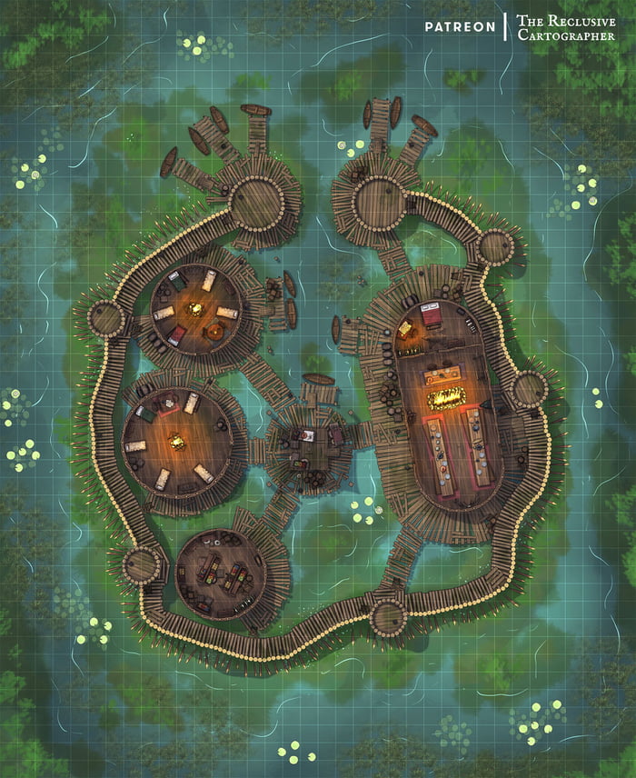 Had a crack at drawing a dnd map of a Swamp Fortress. Drawn in ...