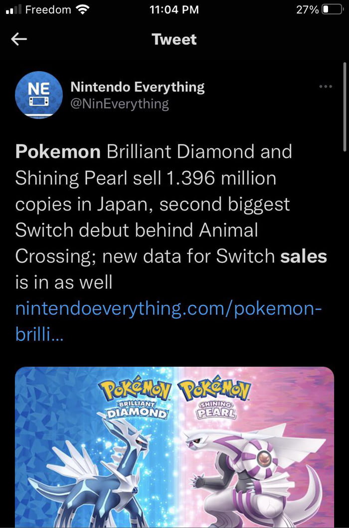 Pokémon brilliant diamond and shining pearl outsells swords and shield