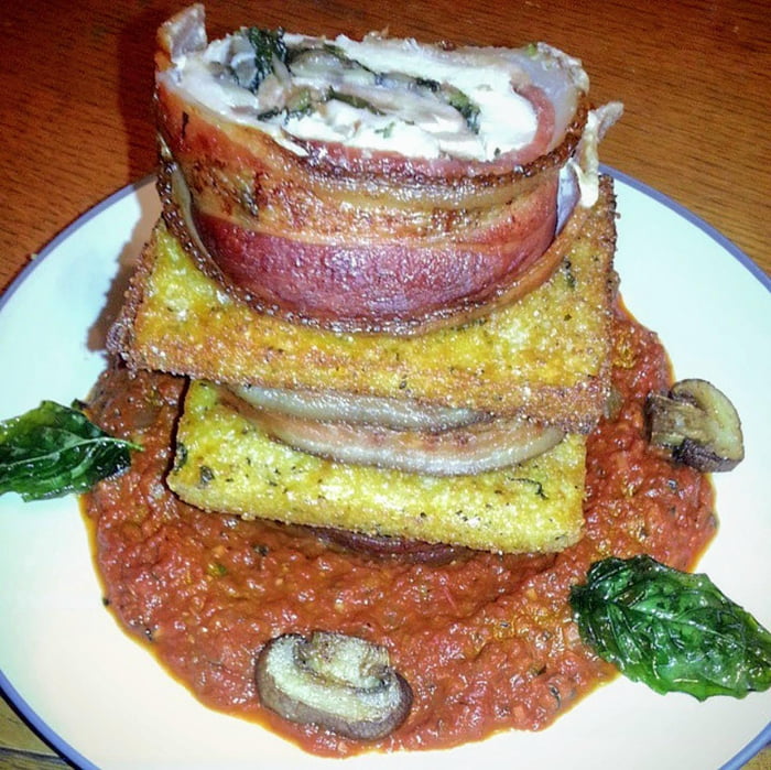 A Tower of Chicken Roulade and Crispy Polenta on 12hr Marinara. 9GAG