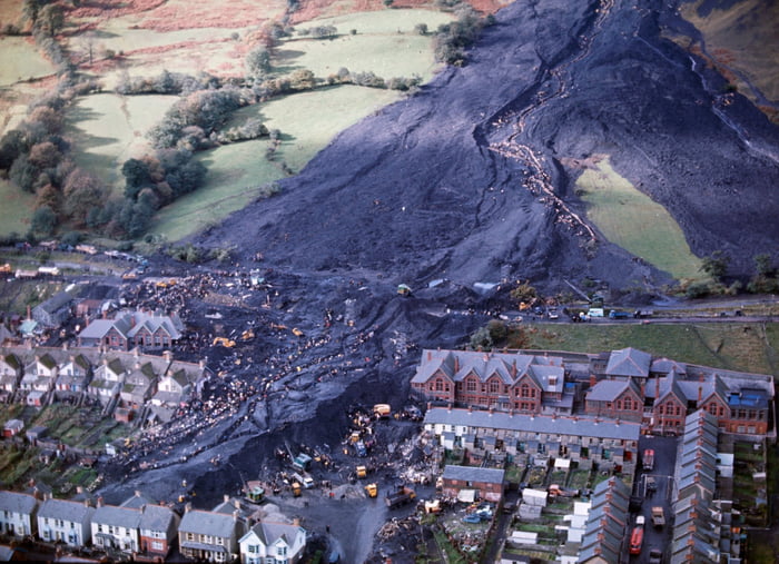 An aerial view of village of Aberfan following a landslide from a
