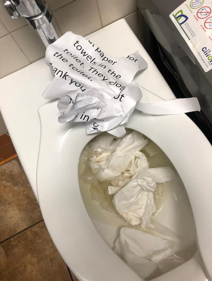 Cleaner wrote a note asking to stop throwing paper towels in the toilet