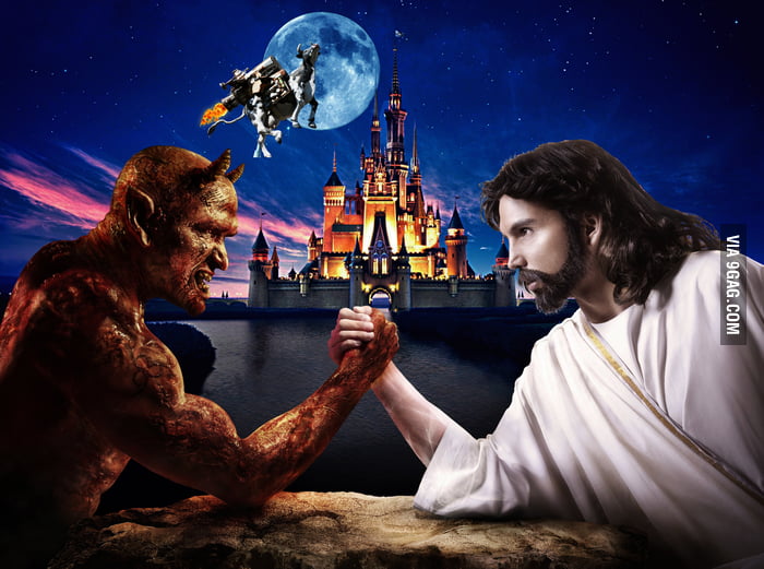 Jesus and Satan arm wrestling in Disneyland, while a cow flies in front of a full moon... - 9GAG