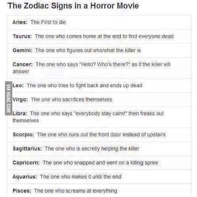 Zodiac Signs in Horror Movies 9GAG