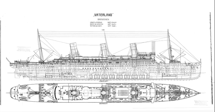 Overview plans of the German Liner Vaterland, the largest vessel in the ...