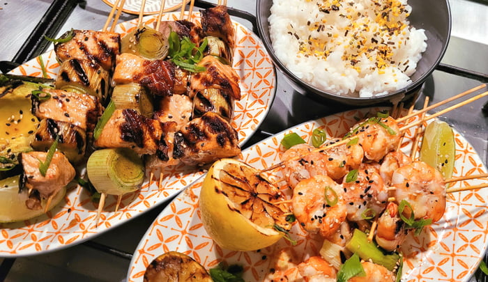 Salmon And Prawn Skewers Grilled Avocado Sticky Rice Gag