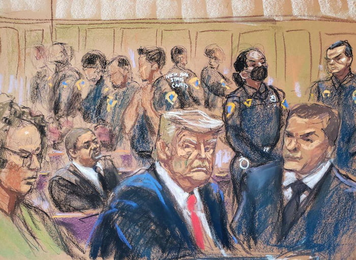 Artist rendition of Trump at his arraignment. - 9GAG