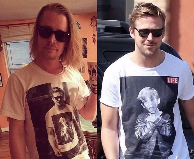 Macaulay Culkin wearing a t-shirt with Ryan Gosling on it who is ...