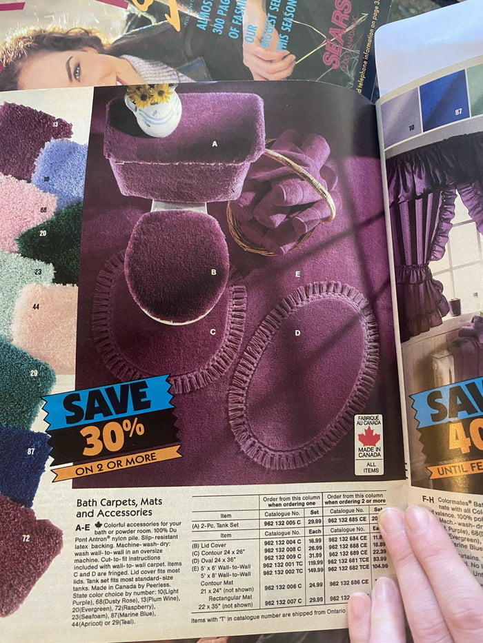 A Sears catalog from 1993 showcasing a completely carpeted bathroom 🤮