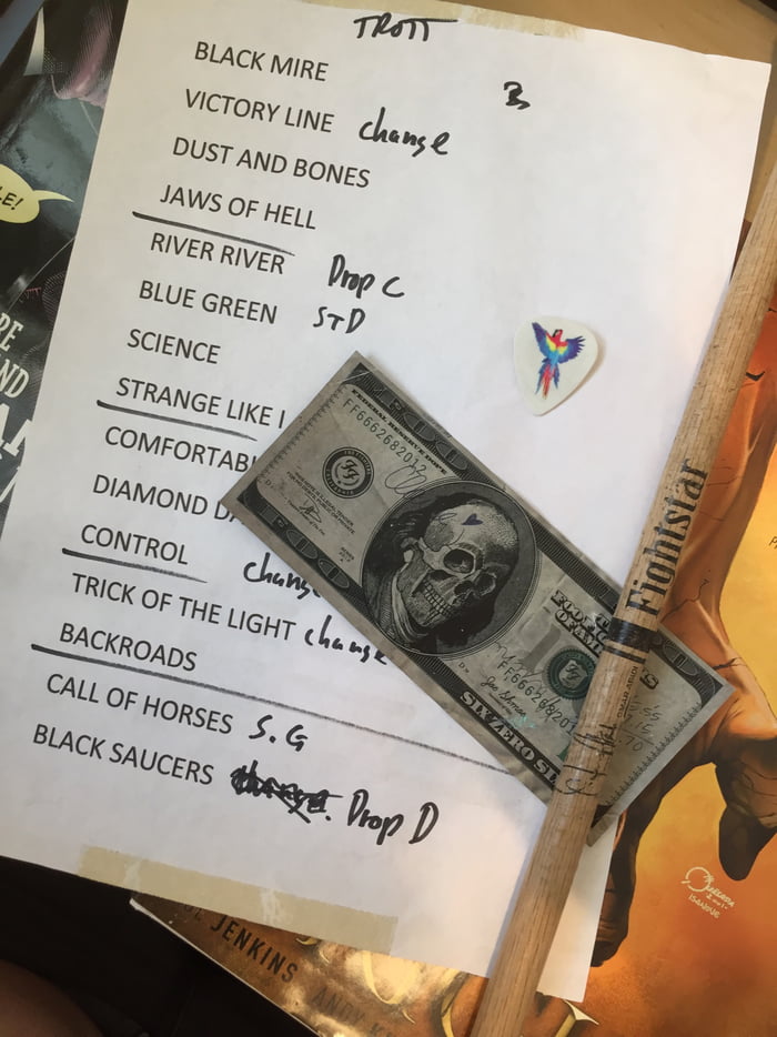 Anyone Out There Managed To Catch Any Memorabilia From Gigs So Far I Have A Set List From Lonely The Brave Pat Smear S Foo Fighters Nirvana Germs Guitar Pick A Foo Fighters Dollar And foo fighters nirvana germs guitar pick